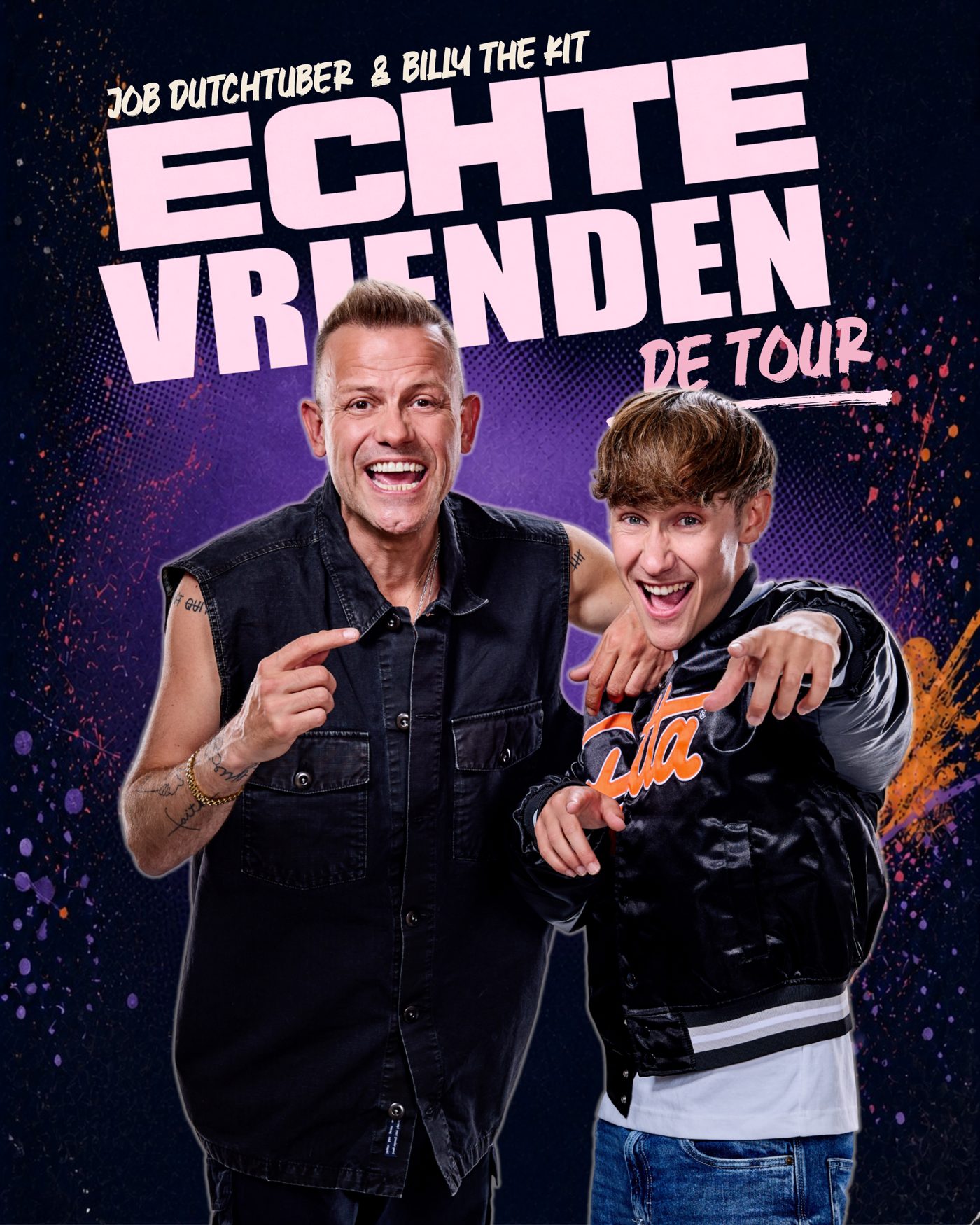 JOB Dutchtuber en Billy The Kit lachend en wijzend naar de camera, met de titel Echte Vrienden de tour